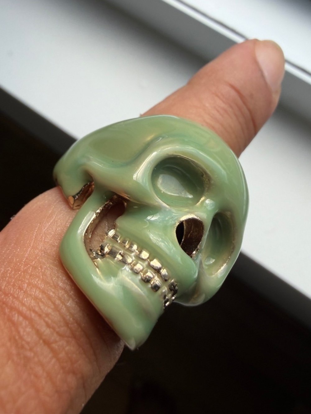 Green Resin Over Silver Skull Ring